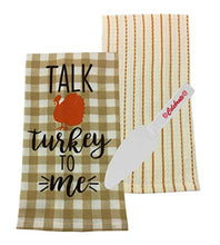 Load image into Gallery viewer, Talk Turkey to Me Thanksgiving Kitchen Towel, Striped Dishtowel and Pie Server