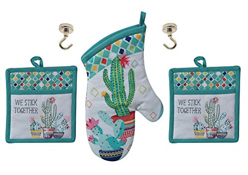 Cactus Theme Kitchen Pot Holders, Oven Mitt and Magnetic Hanging Hooks