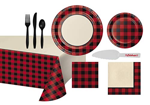 Buffalo Plaid Tableware Set for 16 Guests, Includes Table Cover, Plates, Napkins, Cutlery, Cake Cutter
