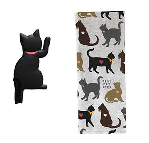 REX AND ROVER Cat Kitchen Gifts - Cotton Dish Towel with Black Cat Shaped Magnetic Hook - 2 Piece Set for Men or Women