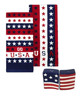 USA Stars and Stripes Dishtowels with American Flag Salt and Pepper Shakers