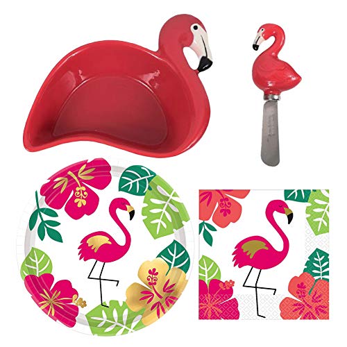 Flamingo Shaped Dip Bowl and Spreader plus Cocktail Napkins and Party Plates
