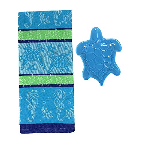 Sea Turtle Kitchen Towel with Turtle Shaped Dish in Blue or Green