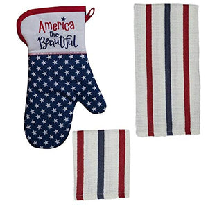REX AND ROVER Patriotic American Flag Kitchen Decor Gift Set - 3 Piece Bundle - Oven Mitt Towel Dishcloth