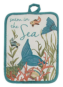 Mermaid Seas The Day Potholders with Kitchen Towel and Magnetic Hook Hangers - 5 Piece Kitchen Gift Set