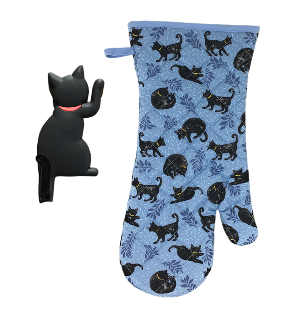 Cat Kitchen Gifts - Oven Mitt with Black Cat Shaped Magnetic Hook